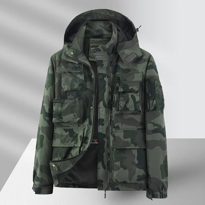 

2024 Spring Men Hooded Cargo Jacket Men Autumn Camo Bomber Jackets Military Camouflage Windbreaker Male Casual Cargo Coats