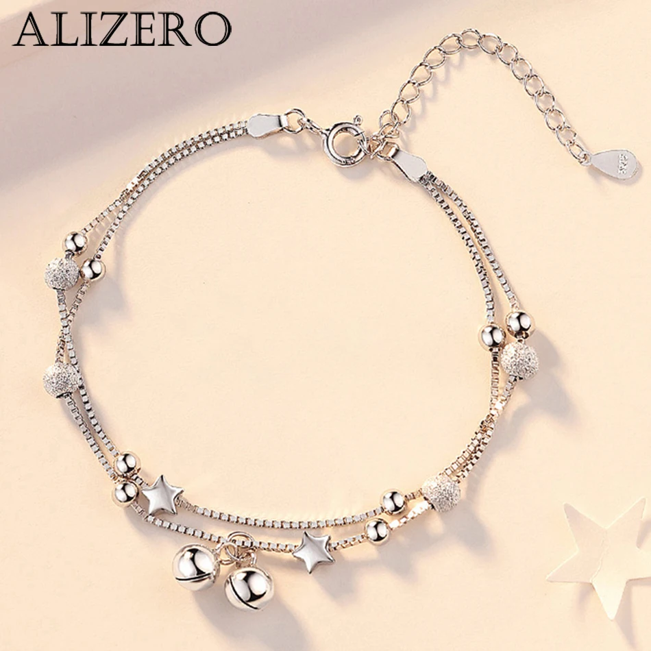 ALIZERO 925 Sterling Silver Box Chain Bells Beads Star Bracelets For Woman Wedding Party Gift Jewelry Girl Cute Accessories