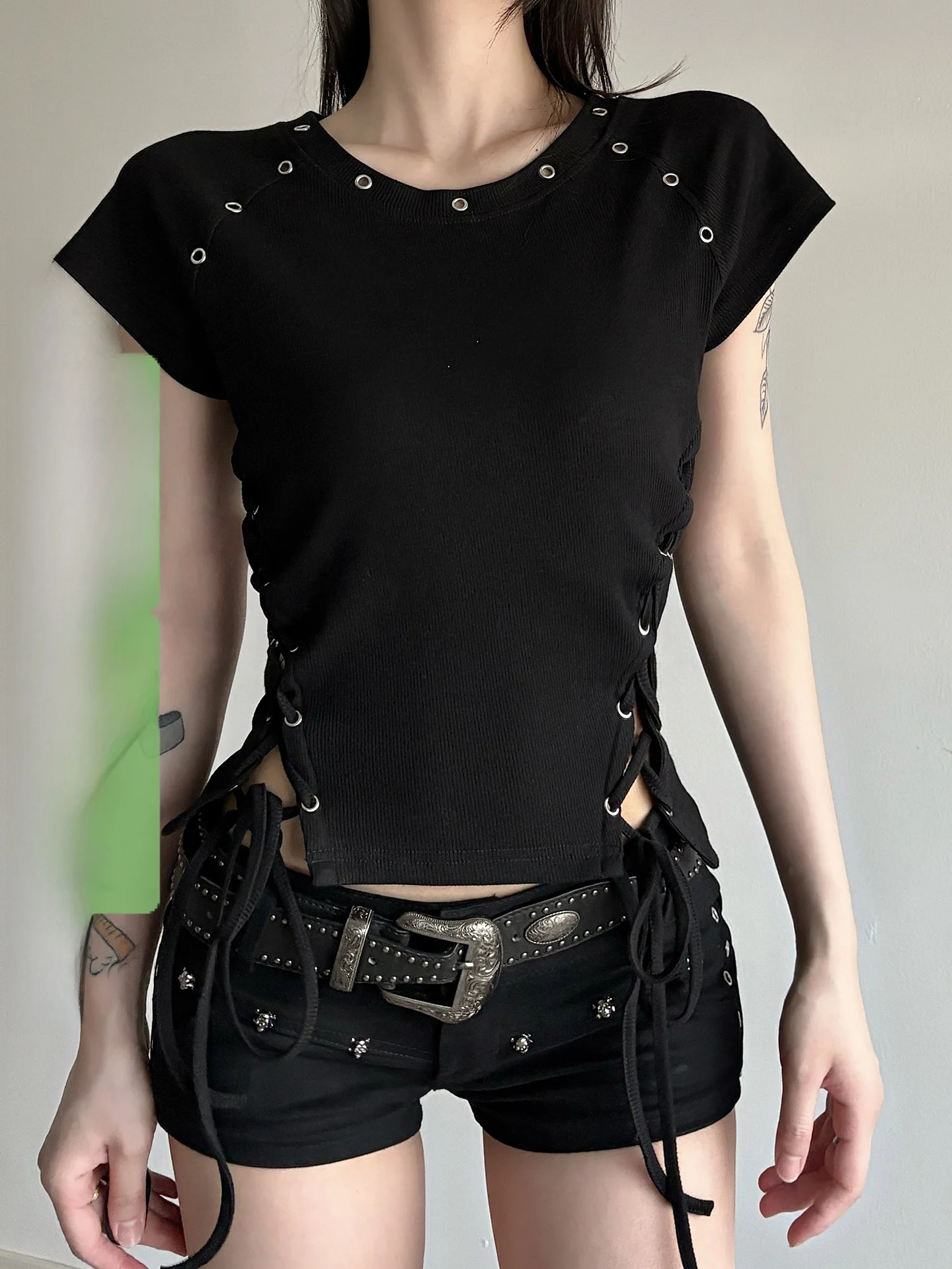 

Street Sle k Theme Chien Eye Side Tie круглая футболка Ne ort Sve женский облегающий топ с завязкой на талии WEEKEEP