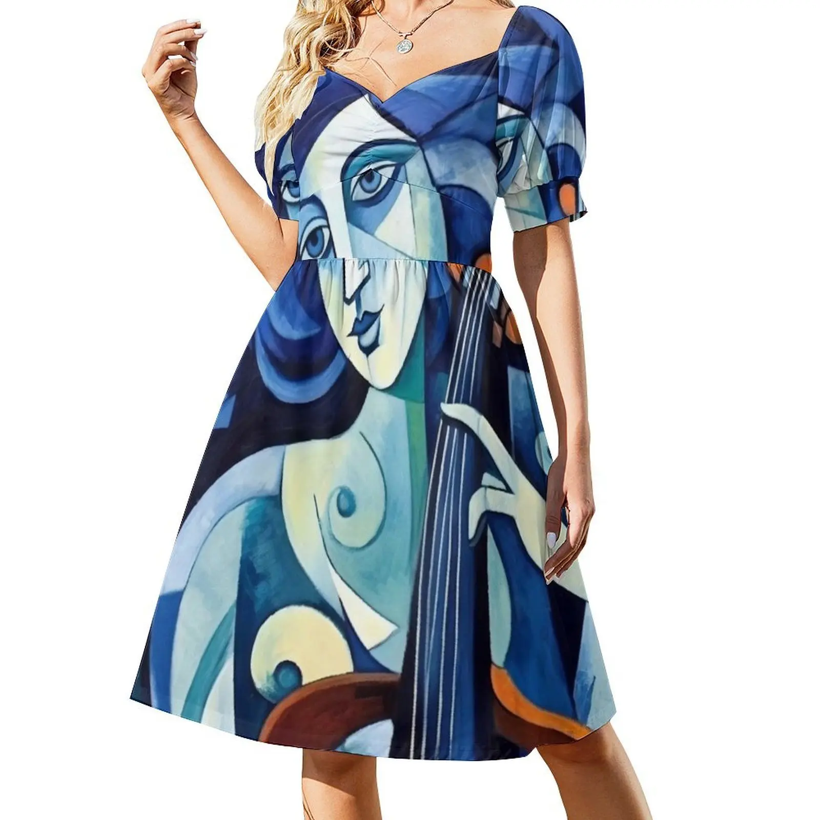 مكعب: فستان أزرق سيمفونيات في الفن الحديث للنساء للحفلات الأنيقة على شكل حرف A مع خيارات قصيرة/طويلة/بدون أكمام #2