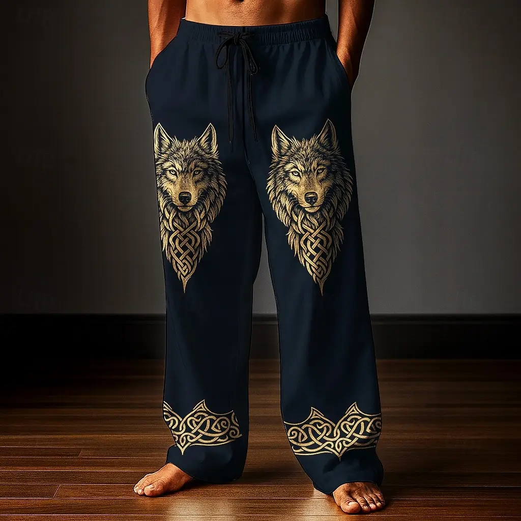 Men's straight pants loose fit 3d wolf print casual wide leg style polyester suitable for teenagers and adults