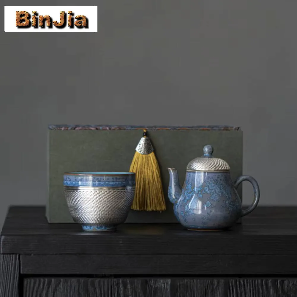 

Gilt Silver Kiln Fambe Dark Blue Tea Set Complete Set Vintage Tea Ceremony Set Teapot And Tea Cup Set Chinese Tea Set Craft