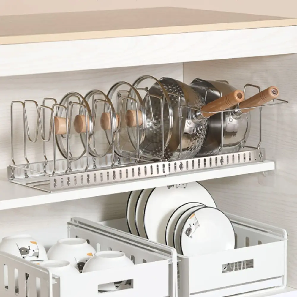 Sturdy Stainless Steel Pot Lid Storage Rack Adjustable Stretch Structure Smooth Polishing Cutting Board Holder