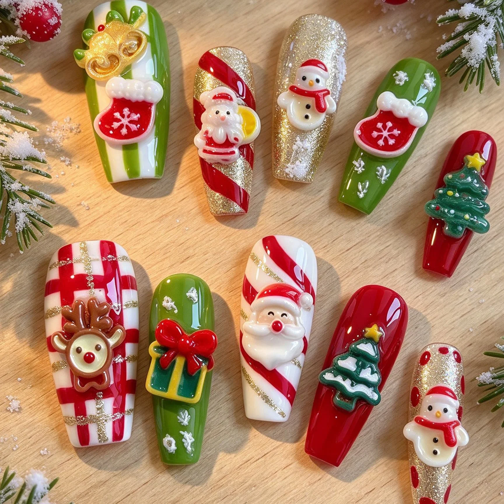 10 pieces of hand pressed long trapezoidal nails, beautiful fake nails, Christmas reindeer hat for the elderly, suitable for wom