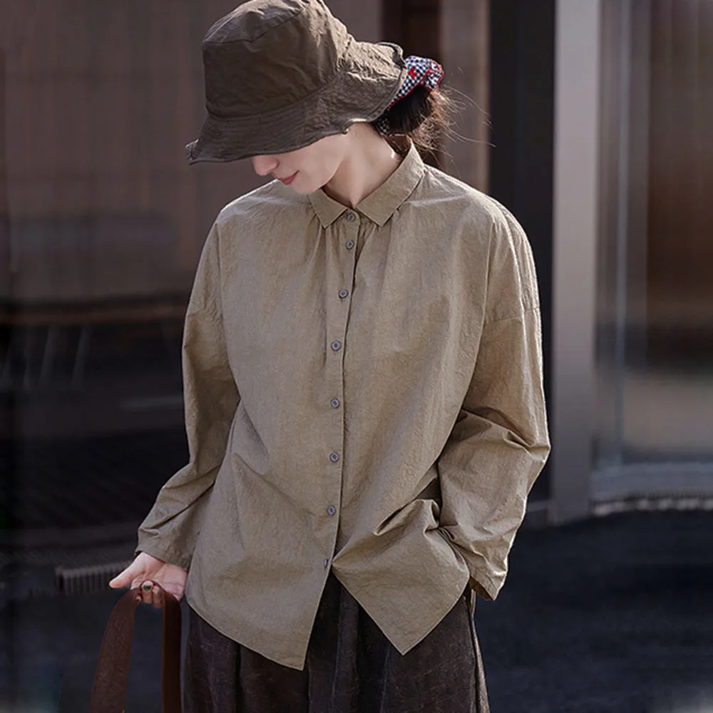 

Retro Artistic Cotton Single-Breasted Shirt Long-Sleeved Women's Spring Summer Textured Small Lapel Casual Loose Tunic Tops Coat