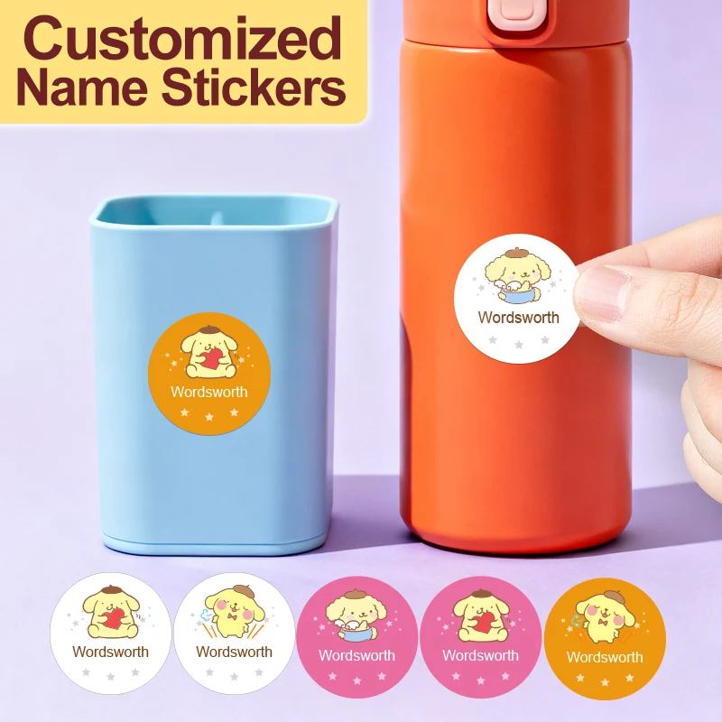 

Персонализированные наклейки с именем Sanrio Pompompurin для рождественских подарков, ручек-органайзер, школьных принадлежностей - яркие водонепроницаемые этикетки