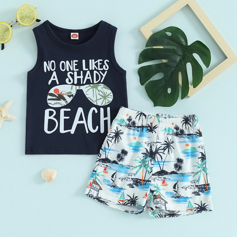 Baby Boy 2 Piece Summer Outfits Letter Print Sleeveless Tank Tops Elastic Beach Shorts Set Boys Holidays Clothes Beachwear