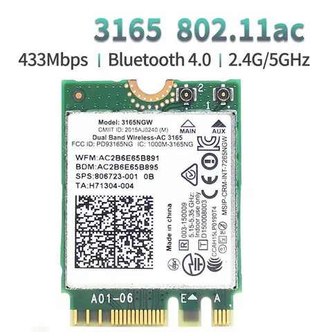 3165NGW Dual-Band 2.4G/5Ghz Wireless -AC NGFF 802.11AC WiFi  m. 2 WLAN Card Bluetooth 4.0 NIC 3165AC