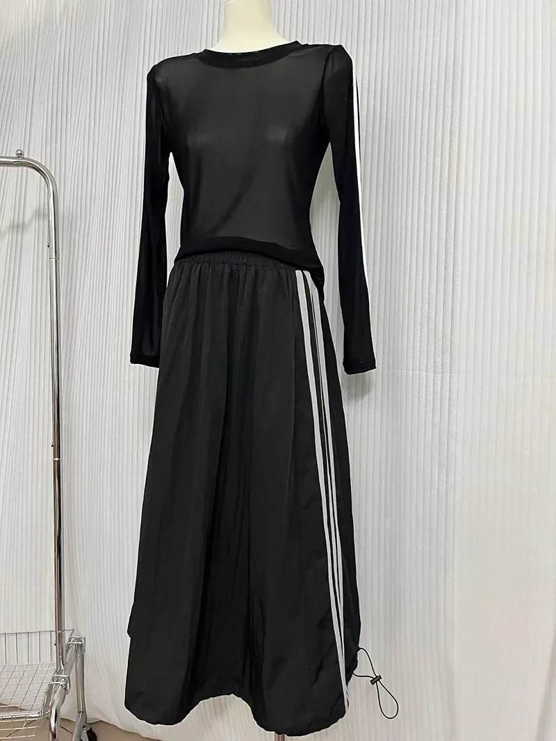 Feminino preto vintage cintura alta cordão saia verão solto casual midi saias cintura elástica roupas para mulher y2k