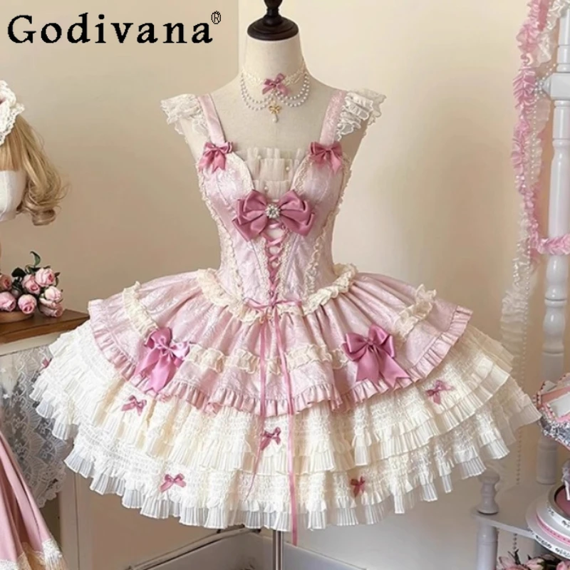 Daily Wear Princess Lolita Dress for Girls Pink Cute Sweet Lolita JSK Dress Women's Sleeveless Birthday Party Mini Dress