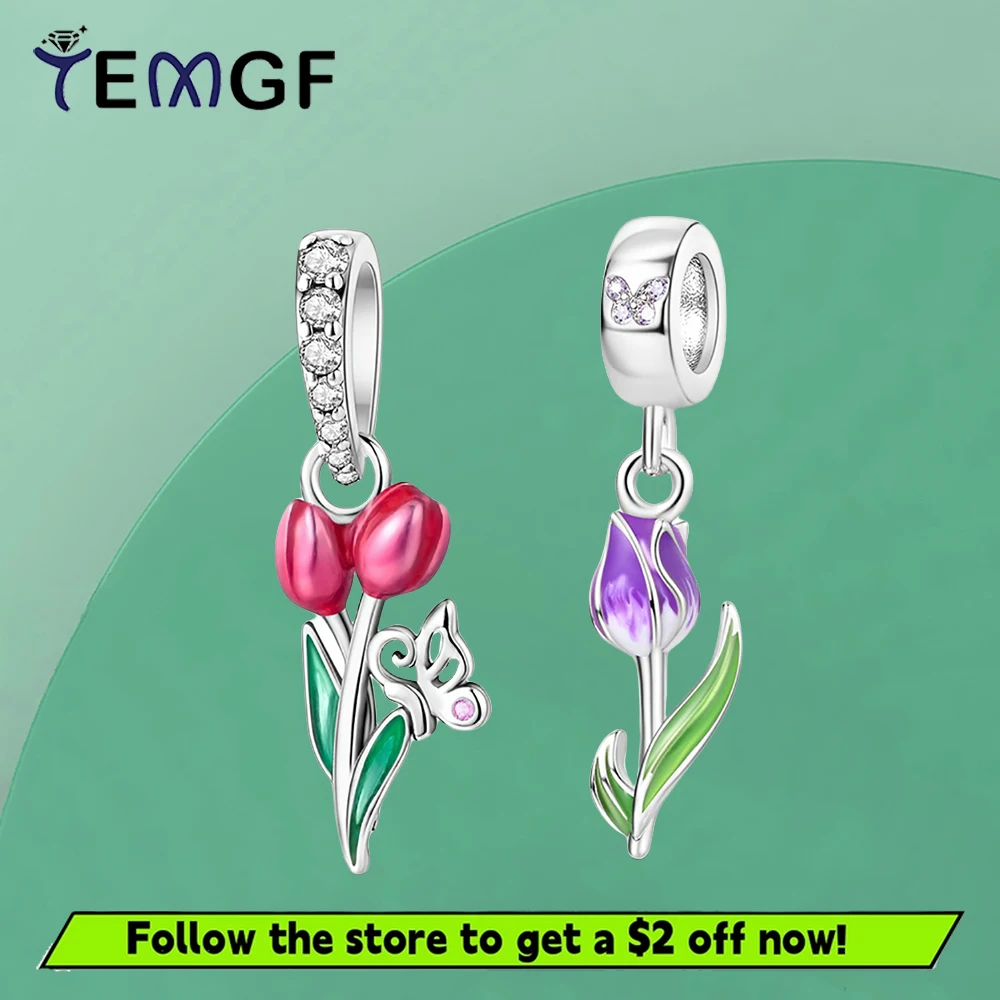 

TEMGF S925 Sterling Silver Pendant for Bracelet Necklace Accessory Pink/Purple Tulip Design Women Fine Jewelry Fashion Gifts