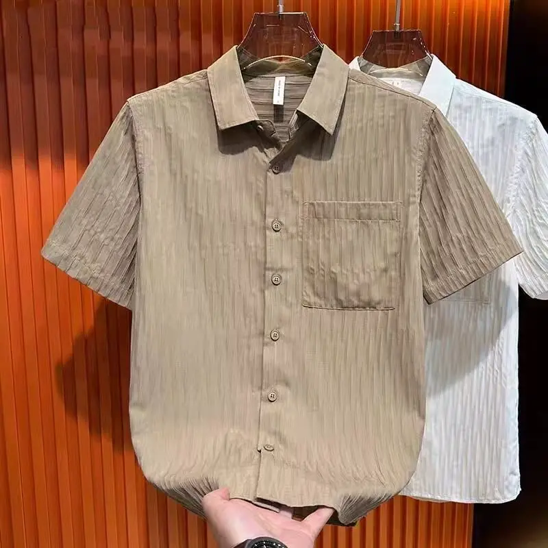  Minimalist Short Sleeve Men's Shirt Summer Thin Stripe Collar Casual Loose Ice Silk Breathable Lightweight Top