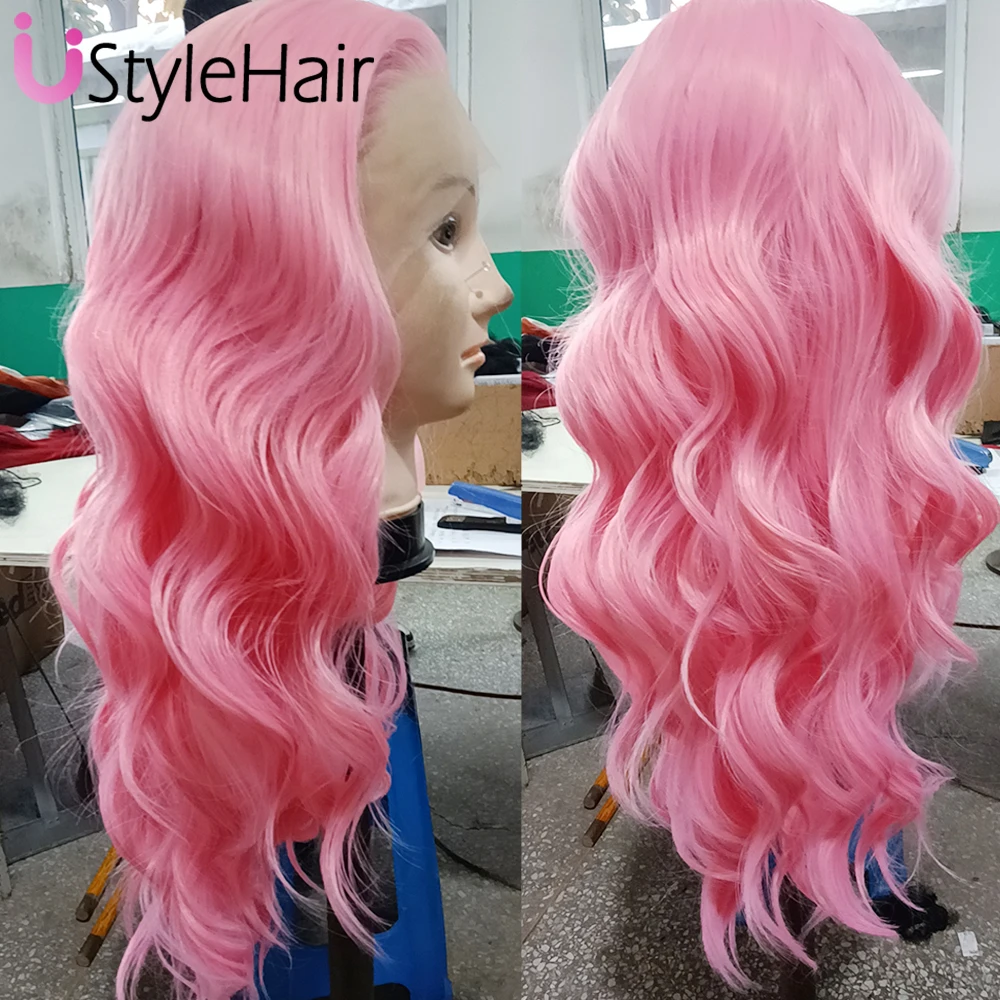 UStyleHair 다크 블루 레이스 가발, 긴 바디 웨이브, 합성 레이스 프론트 가발, 자연스러운 헤어 라인, 데일리 코스프레 헤어