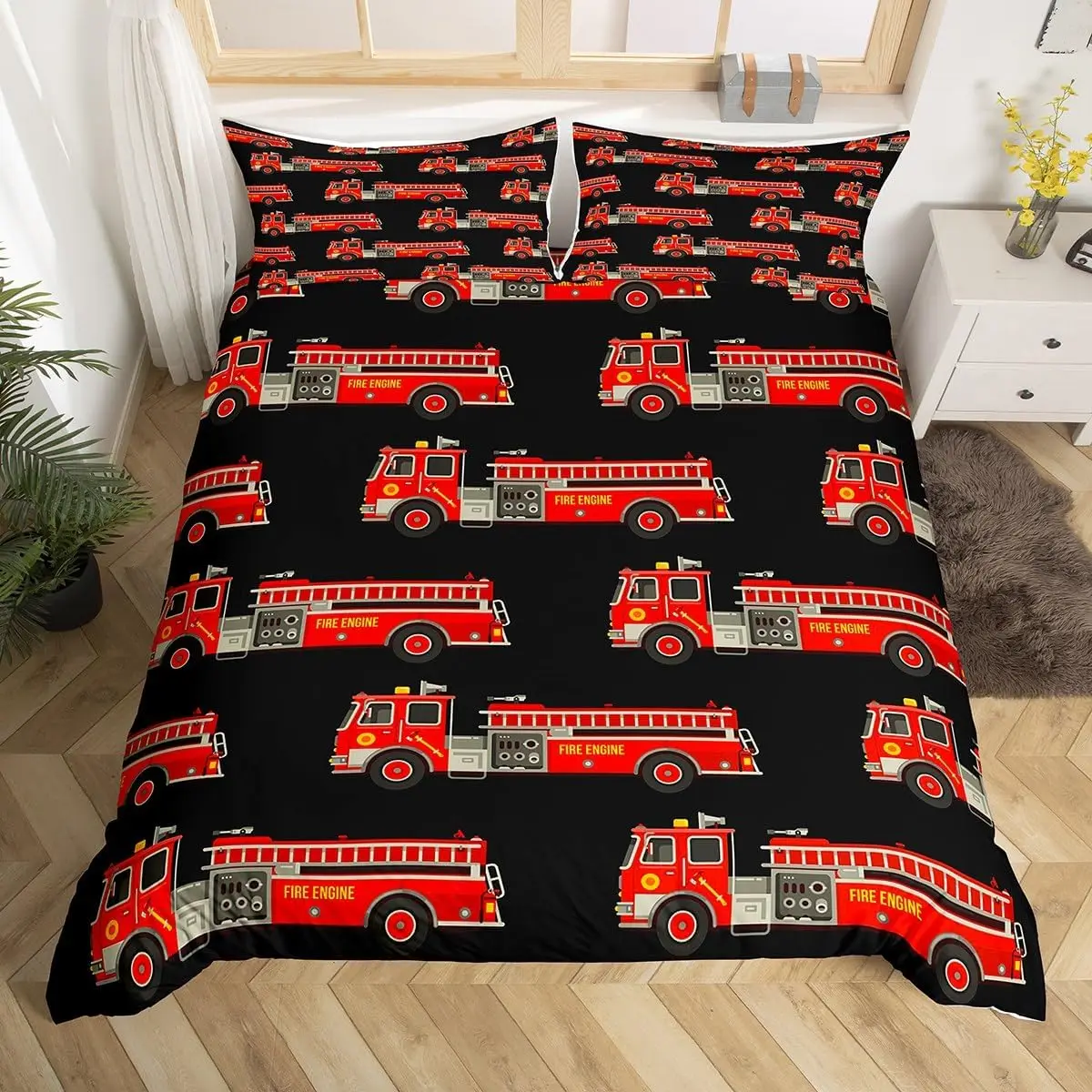 Fire Truck Duvet Cover for Kids Boys Fire Engine Vehicle Extinguisher Fire Hydrant Print Bedding Set Microfiber Twin Quilt Cover