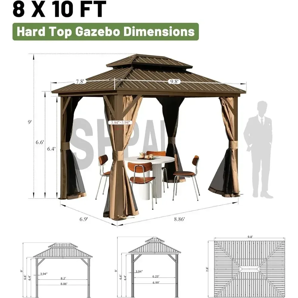 8x10 Metal Gazebo with Galvanized Steel Roof, Double Roof and Curtains, Ideal for Outdoor Weddings, Parties, and Dining - Brown