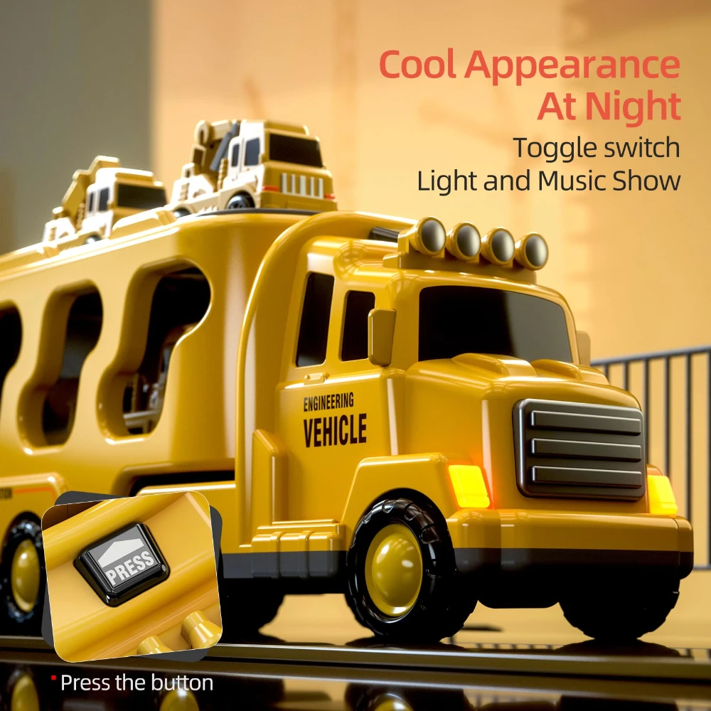 WizKidz 5 In 1 Construction Trucks Cars Toys For Toddlers 3-5 With Light Sound Birthday Gifts For Ages 3 + Year Old Boys & Girls