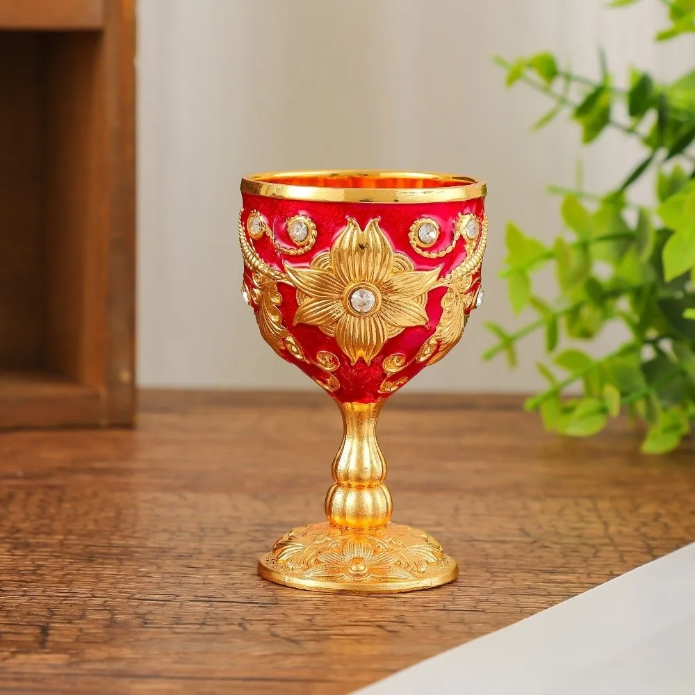 Flower Embossed Metal Chalice Goblet European Style Rhinestone Vintage Wine Cup Decorative Medieval Vodka Champagne Liqueur Cup