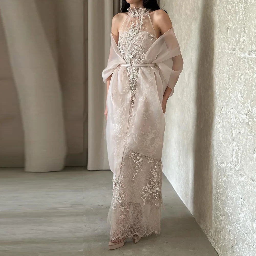 

Customized Halter Sleeveless Evening Dress High Quality Shawl Appliques Mermaid Celebrity Gowns Delicate Lace Party Dress