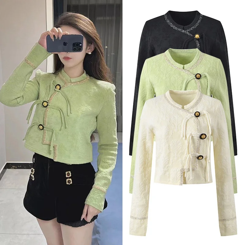 

Ele European Sle Knitted Open Cardigan Simple Design Chinese Embroidery Women's Jaet ort Length Slimming Effect