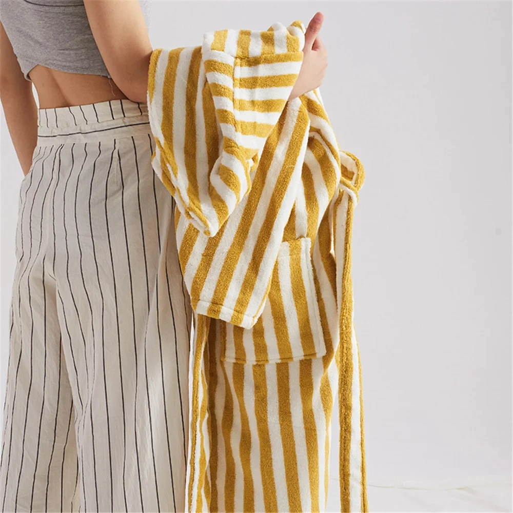 Retro Stripe Cotton Bathrobe Super Soft Absorption V Neck Sleepwear Warm Robes Women Hooded Loose Bath Robe Coat Towel Homewear