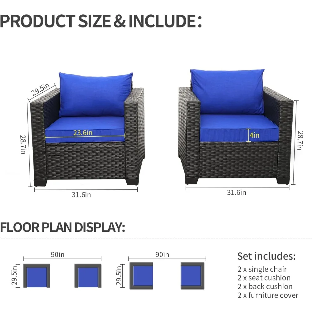 Outdoor Patio Single Sofa Chairs Set of 2 with Anti-Slip Cushions and Waterproof Features