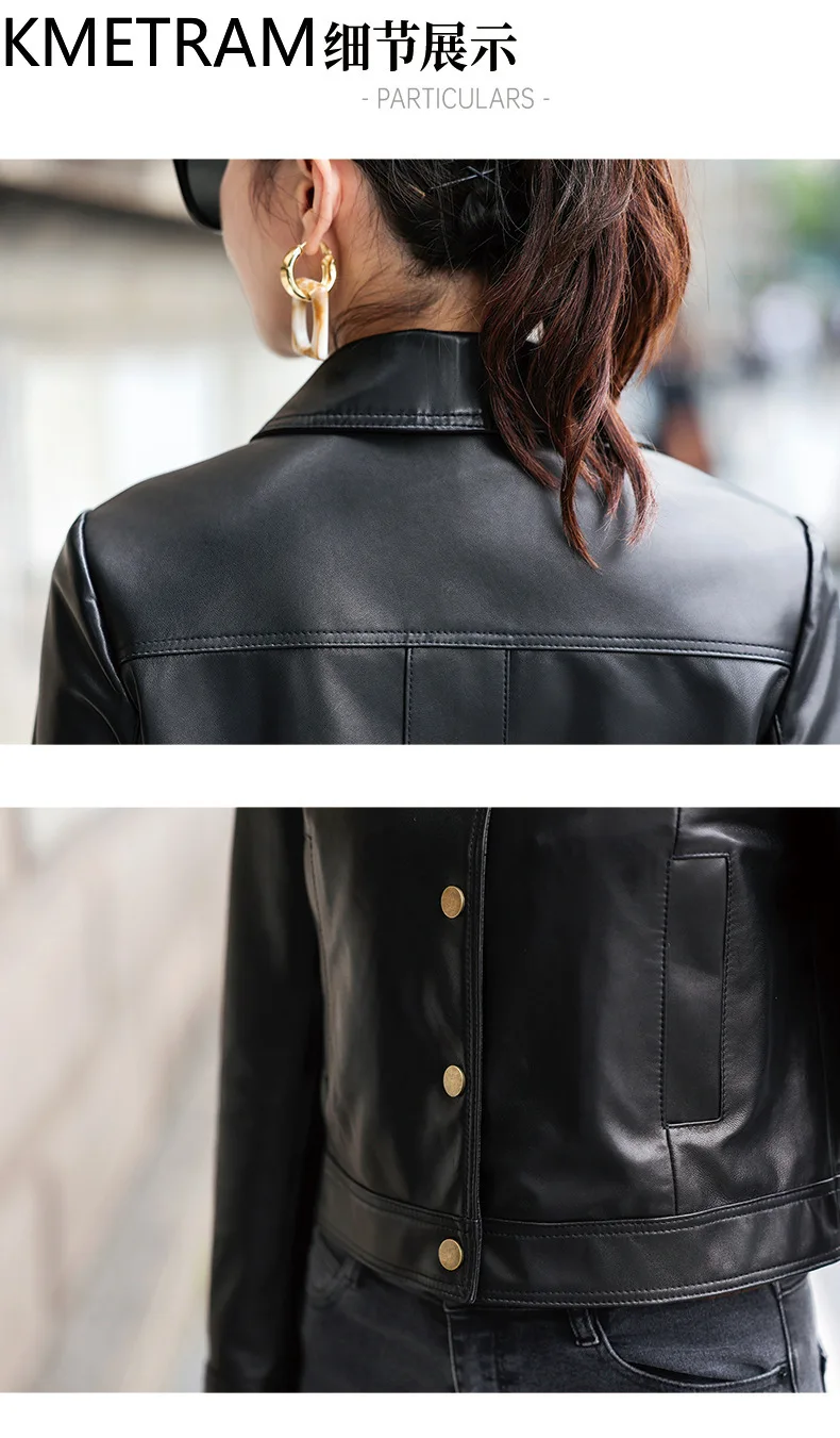 100% Real Sheepskinแจ็คเก็ตผู้หญิงสบายๆสีดําสั้นของแท้หนังแจ็คเก็ตใหม่ในOuterwearsฤดูใบไม้ร่วงเสื้อผ้า 2025 ผู้หญิงбка