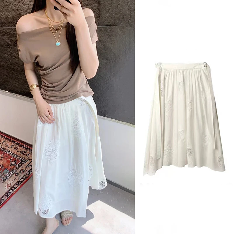 

Soft Floral Decorative Hollow Knitted Midi Skirt Spring Summer High Waist A-Line Dr for Women Daily Commute Casual Wear