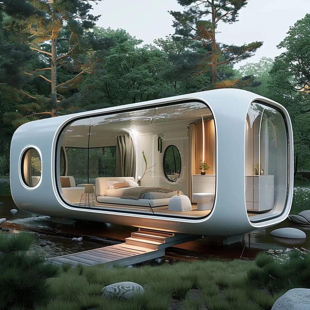 Casa de cápsulas modulares móvil prefabricada para villa al aire libre, casa Modular de cápsulas de dirigible espacial comercial