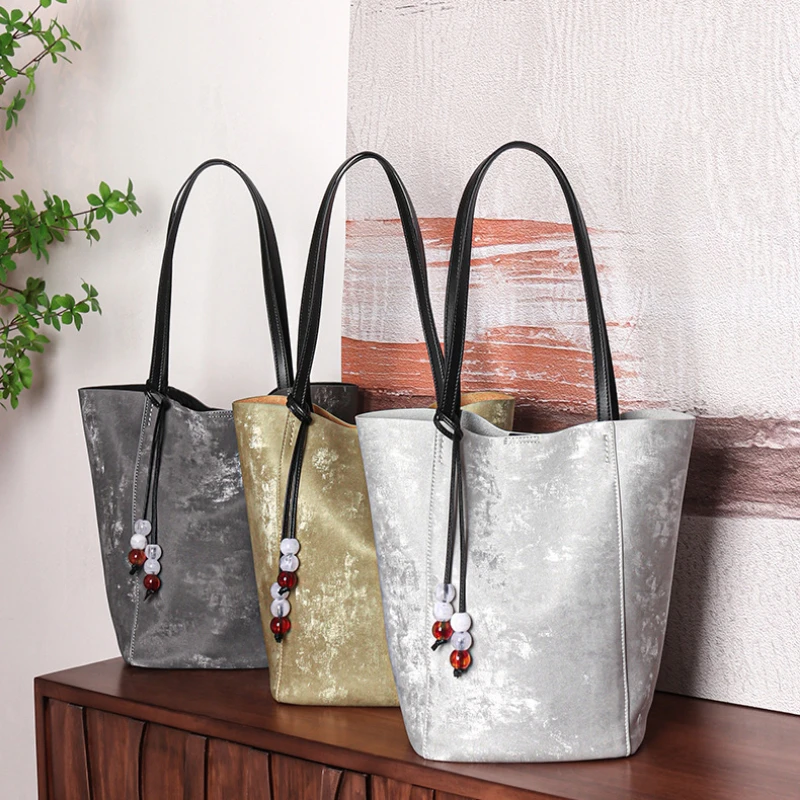 2024 New Design Fashion Ladies Large Tote Genuine Leather Silver Women Handbags Large Casual Shoulder Bag Luxury Brand Purse