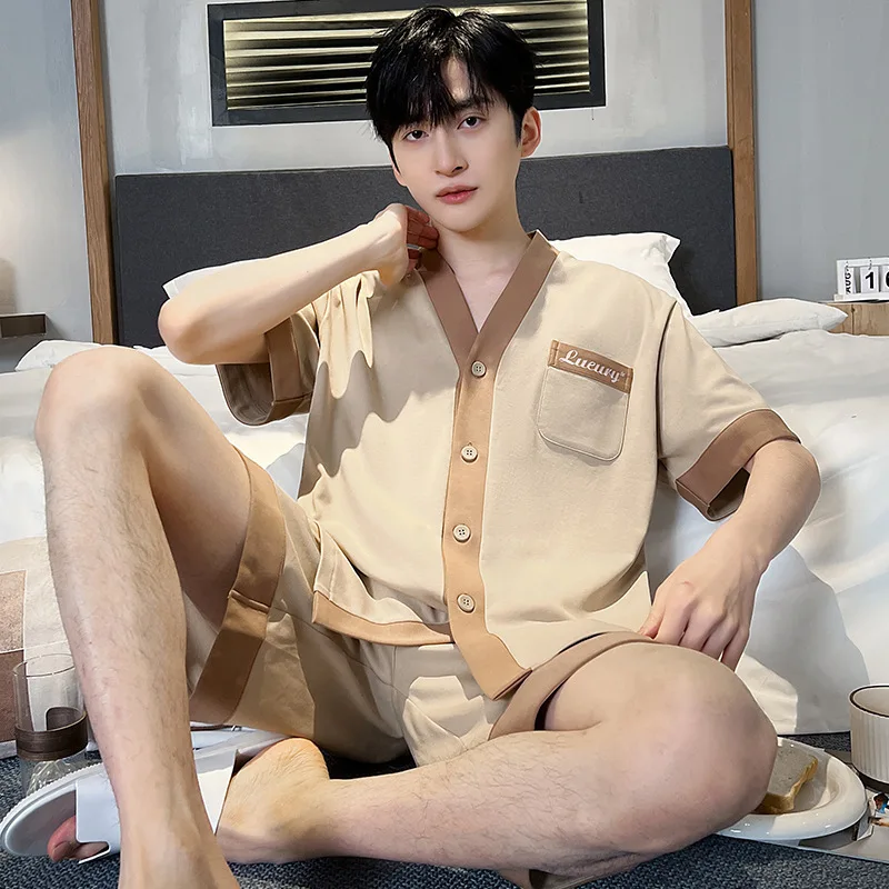 

100% Cotton Pajama Set for Men Autumn Summer Cardigan Cotton Pijama for Man Big Size 3XL Pyjamas Sets Gentlemen Young Mens Pjs
