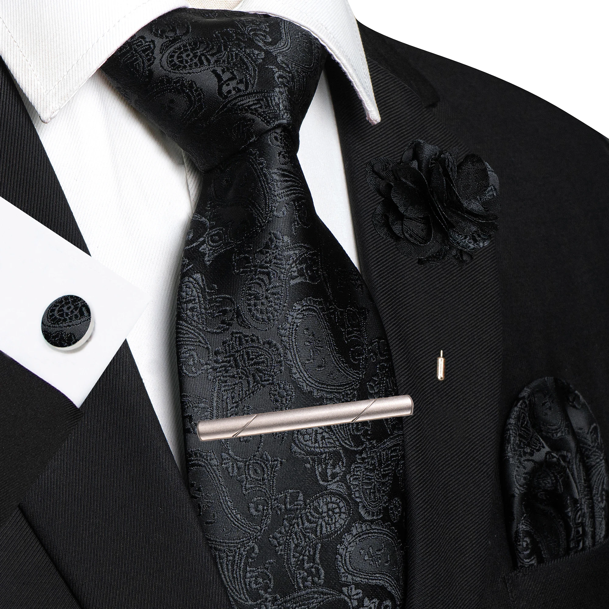 Champagnerfarbene Seidenkrawatte mit Blumen-Paisley-Muster für Herren, Bräutigam, Hochzeit, Herrenkrawatte, Einstecktuch, Manschettenknöpfe, Brosche, Krawattenklammer, Accessoire – Detail 6