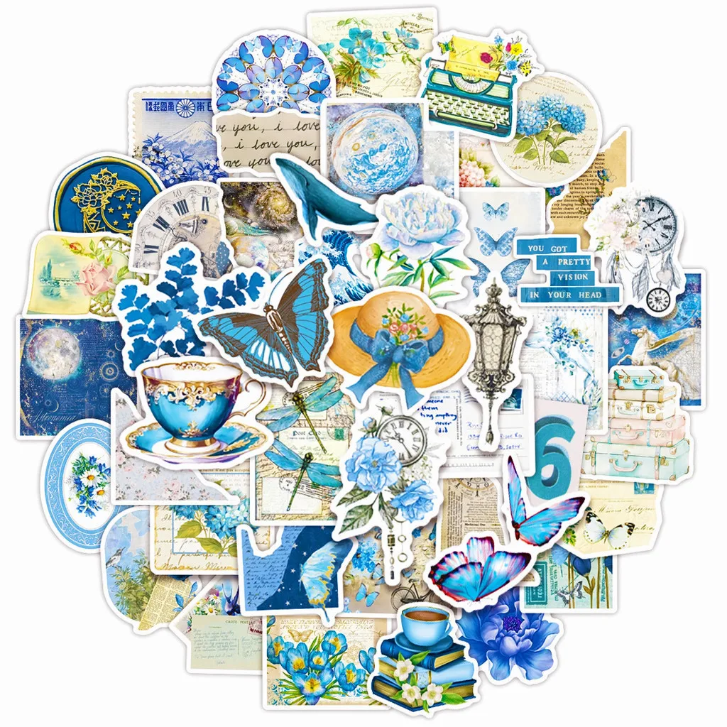 50PCS Blau Retro Kunst Wasserdichte Graffiti Aufkleber für Helm Fahrrad Hand Konto Federmäppchen Aufkleber BulingBulingStickers Store