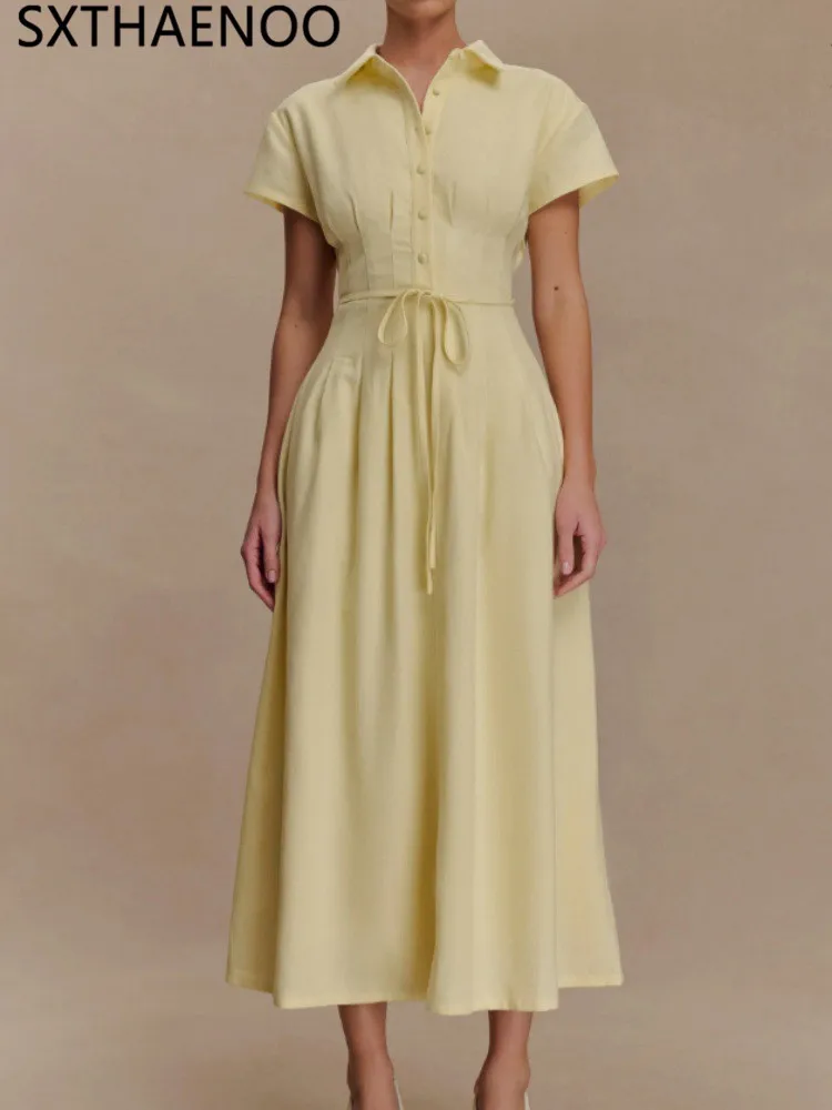 

SXTHAENOO Elegant Short Sleeves Shirt Dress Button Up Waist Cinched Ladylike Sle Midi Dresses Women's Fashion Basic A-Line Skirt