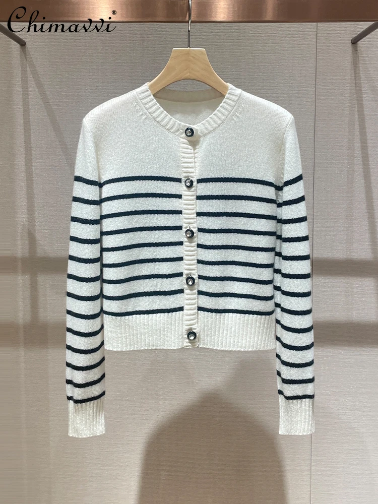 

French Fashion Commuter Round Collar Long Sleeve Single-Breasted Striped Slim Fit Sweater Jacket Knitted Cardigan Women Autumn
