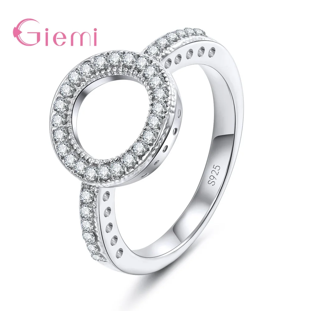 Hollow Round Ring face 925 Silver Needle CZ Black White RhinestonesEngrave Heart Gift Ring for Female Jewelry