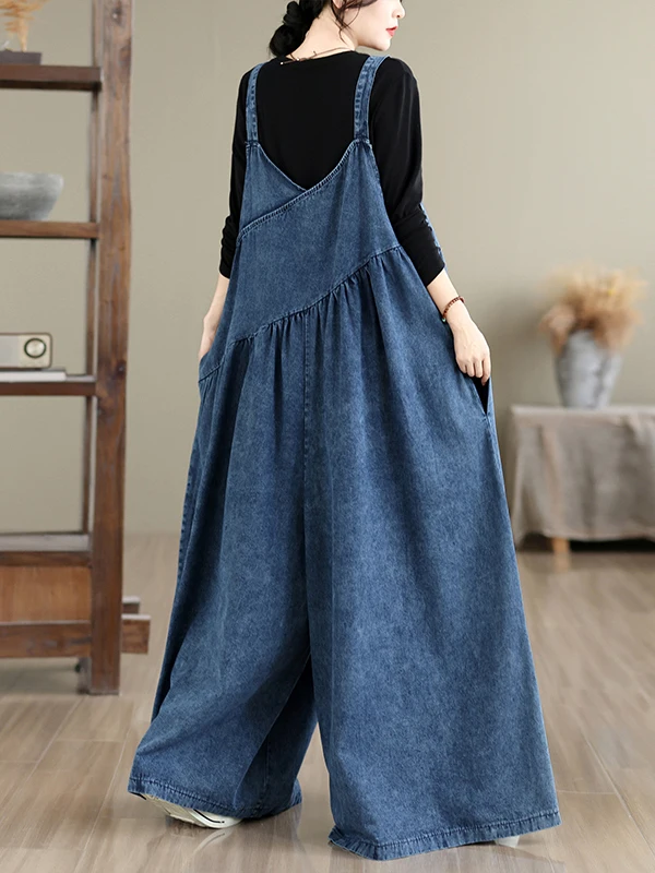 Retro Loose Slimming Denim Overalls Women's Extended Length One-Piece Pants plus Size Overalls Casual High Waist Trousers