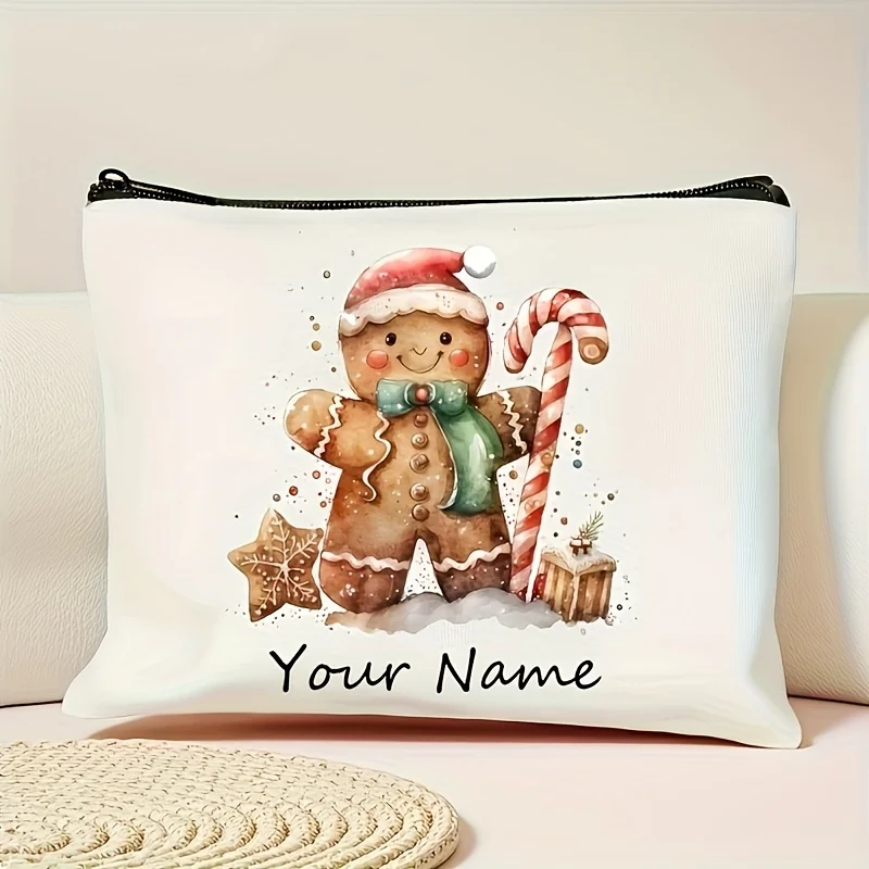 Personalized Name Christmas Cosmetic Bag Custom Watercolor Gingerbread Man Candy Cane Print Zipper Pouch Women Travel Makeup Bag