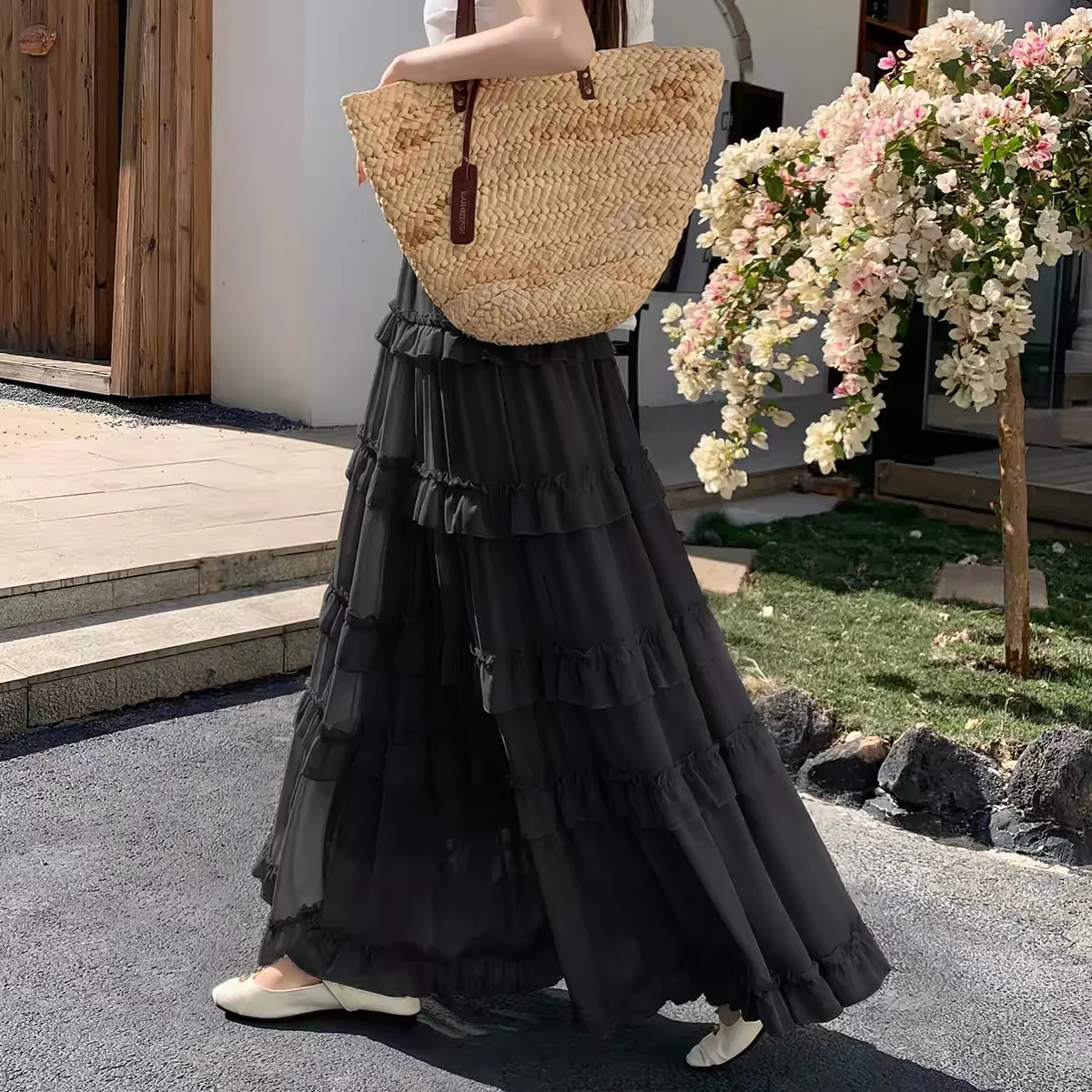 Saia Longa Branca Retrô para Mulheres, Cintura Alta, Elegante, Vintage, com Renda, Estilo Coreano, Casual, para o Verão, Tamanhos Grandes