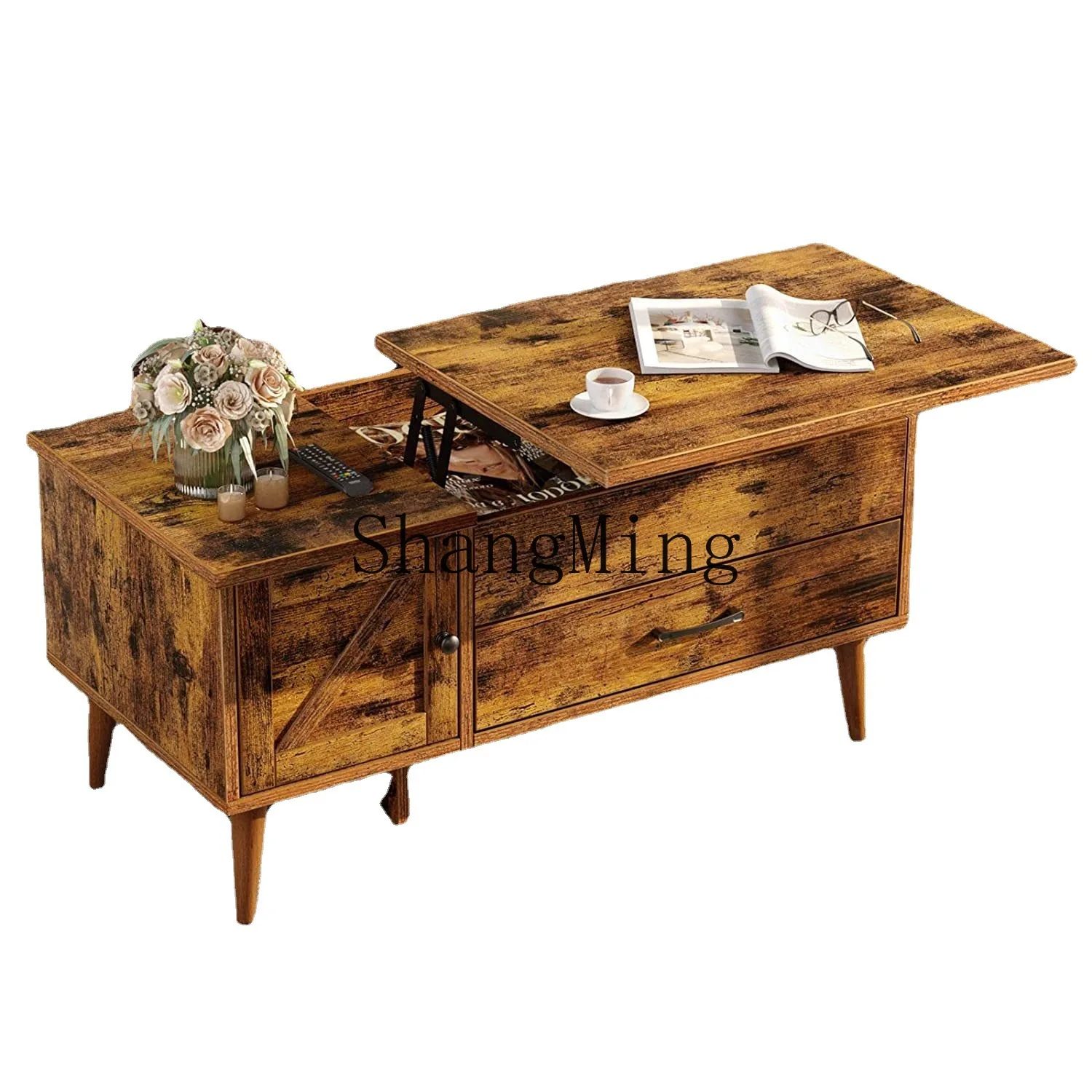 FG مساحة تخزين مفتوحة مكتب الشاي طاولة قهوة مزدوجة الأغراض، طاولة قهوة مستطيلة قديمة الرفع
