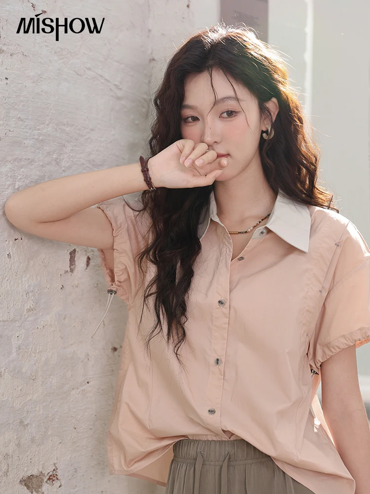 

MISHOW French Polo Neck Contrasting Color Shirt 2024 Summer Bubble Sleeve Cuff Drawstring Shirt 100 Cotton Casual Top MXD27C0263