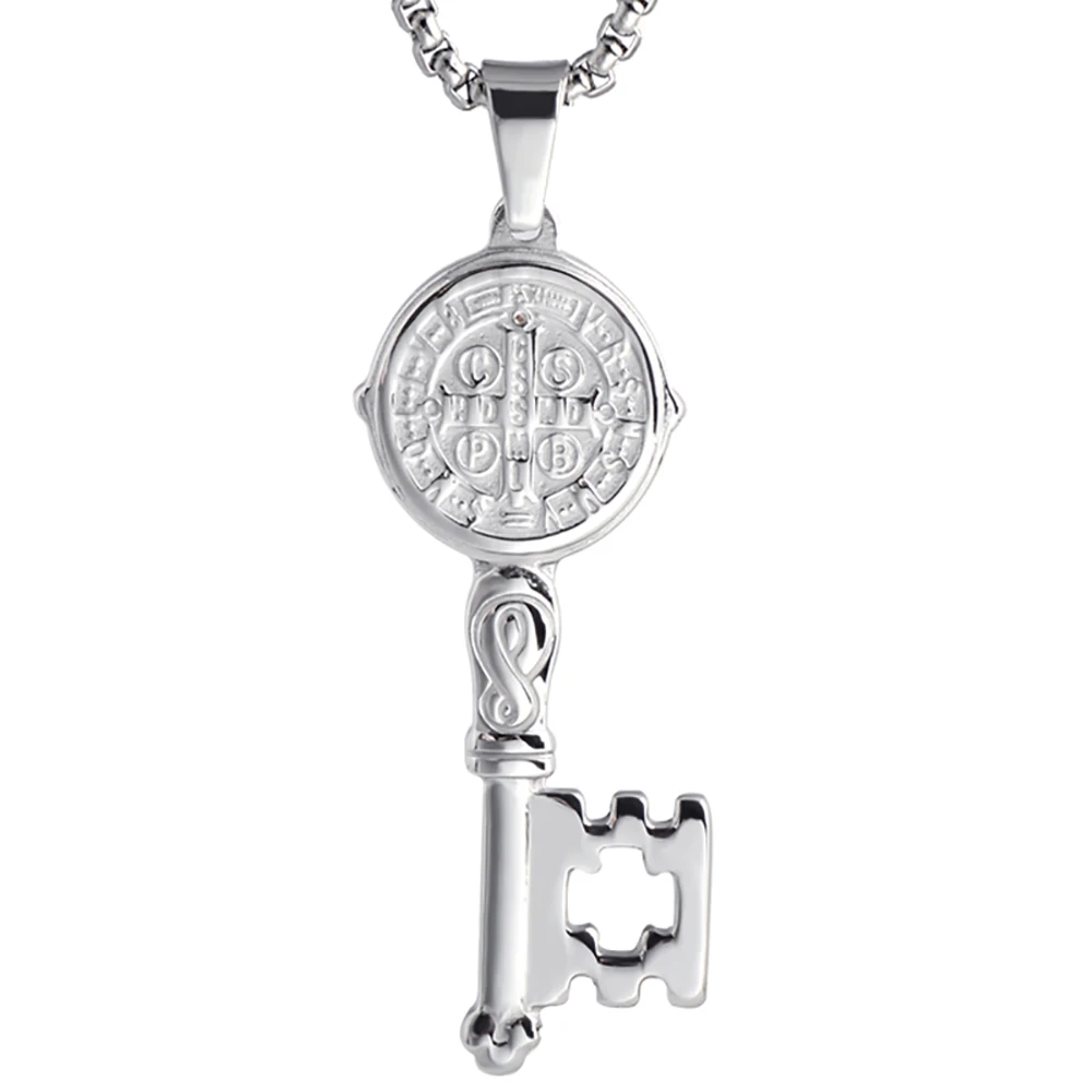 St Benedict Key Religious Pendant Medal 5 Llave Con Medalla De San Benito Tono 5 Pulgadas In Stainless Steel