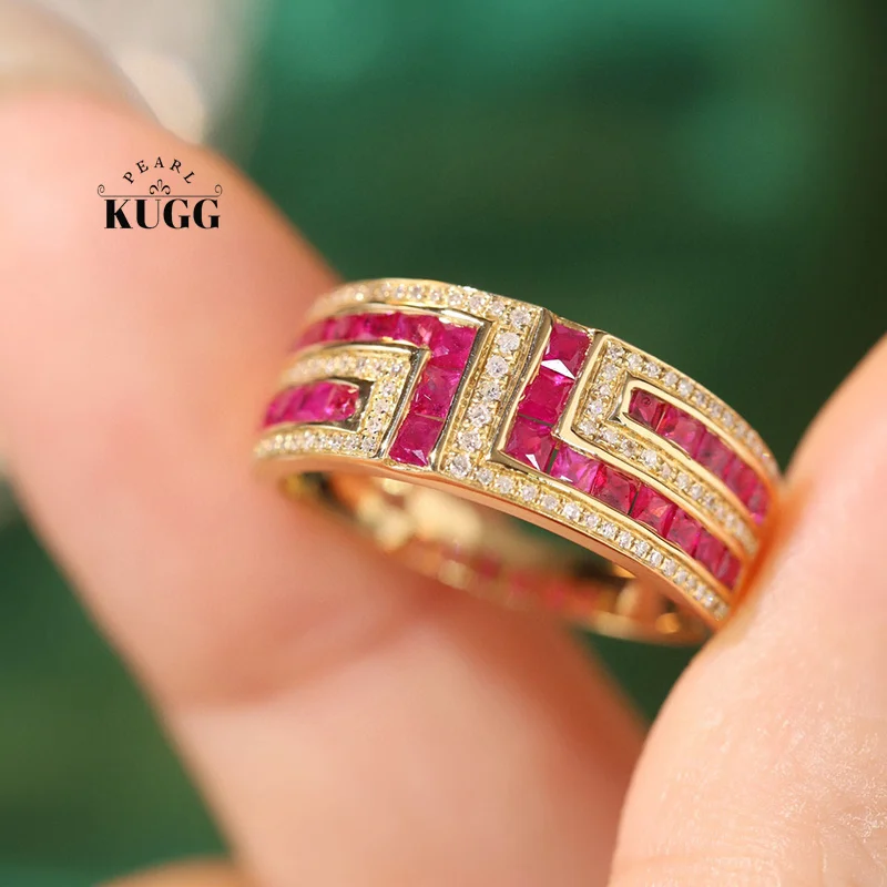 KUGG 100% 18K Yellow Gold Rings Vintage Palace Style Shiny Diamond Natural Ruby Engagement Ring for Women High Party Jewelry