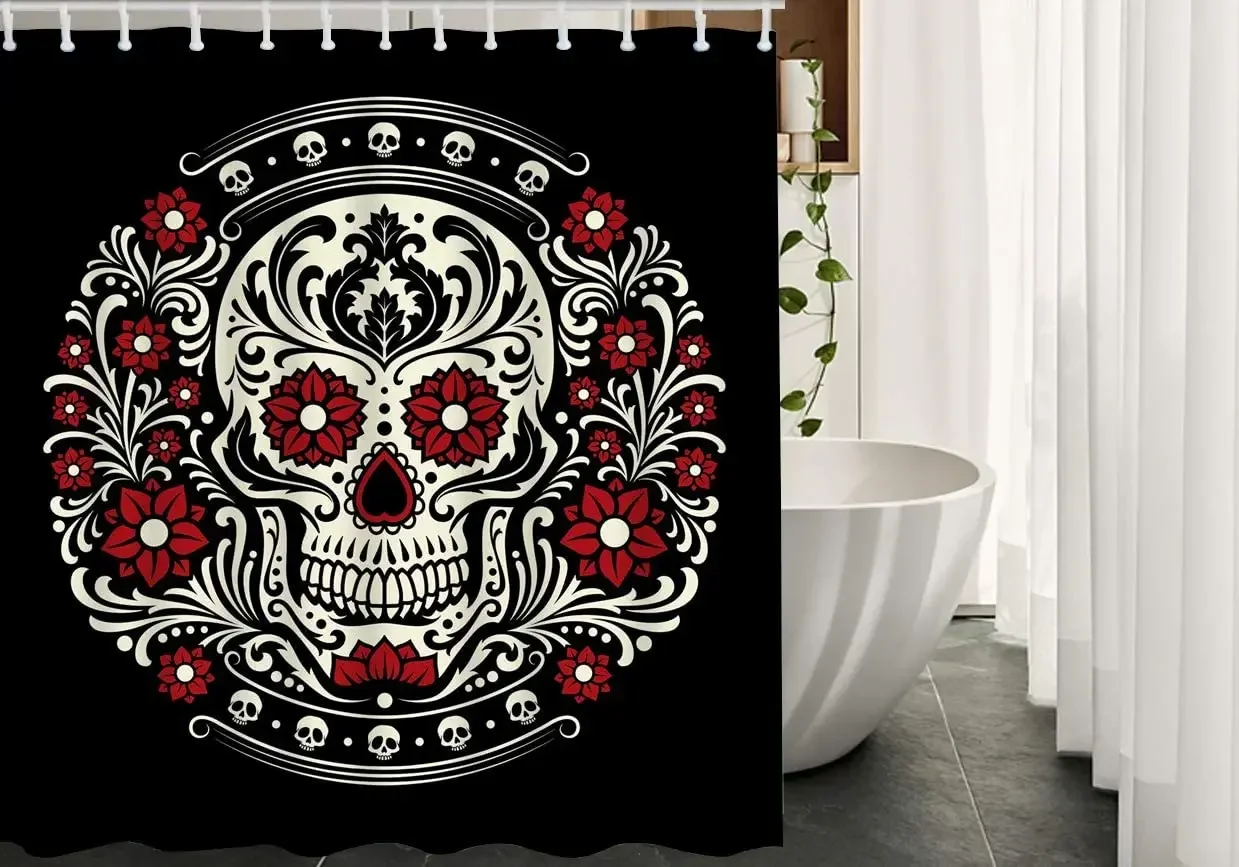 Skull By Ho Me Lili Shower Curtains Mexico Day Of The Dead Skeleton Head Red Flower Bathroom Set Home Decorative Waterproof