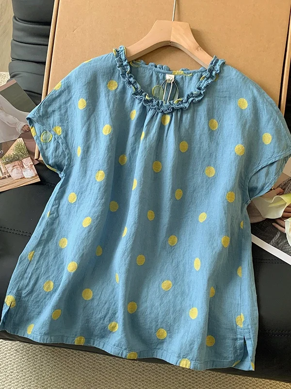 Camisa coreana japonesa de alta gama con lunares para mujer, talla grande, estilo retro, cuello con volantes de doble capa, e...