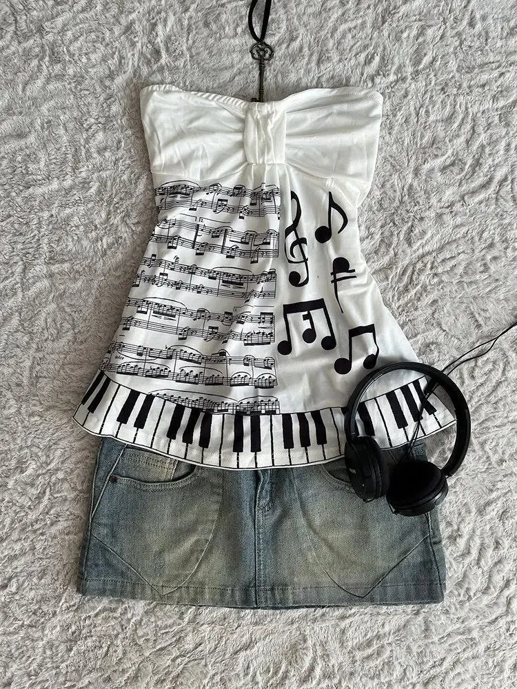 Vintage Sheet Music Print Bandeau Top - Front Bow Detail & Piano Key Hem - Strapless Flowy Tube Top - Cute Y2K Festival Outfit