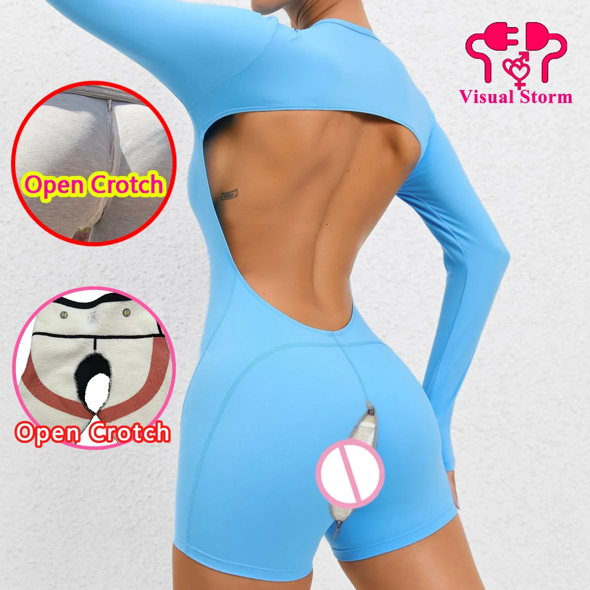 Sexy Woman Back Hollow Out Open Crotch Leggings Bodyshaper with Hidden Zipper Crotchless Full Body Lingerie Panties for Couple