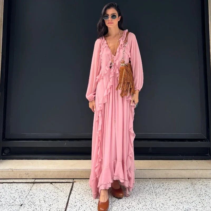 

Elegant Solid Multiple Flounces Full Sleeve Robes Chic Loose V Neck Lace Up Pleated Dresses New Lady Summer Party Club Gown 2025