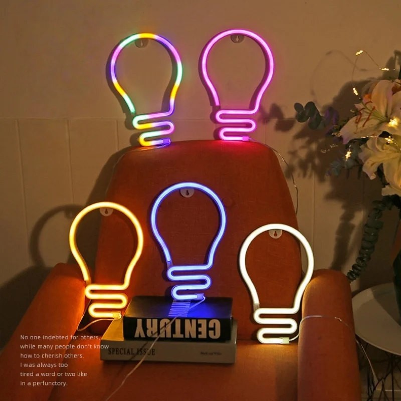 Light bulb LED Neon Sign USB/Battery Powered LED Light for Bedroom Room Decoration Gift Night Light Decoration Party Holiday