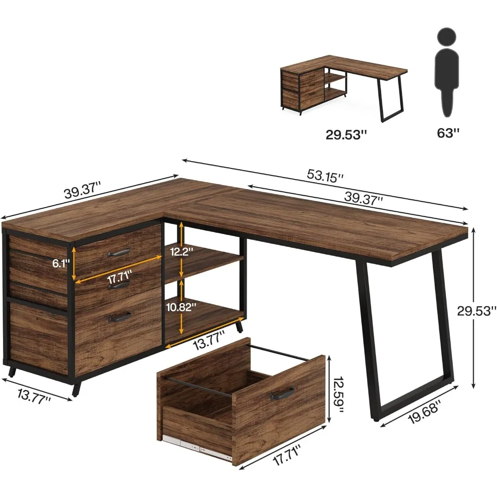 L-Shaped Computer Desk with 3 Drawers, Reversible Corner Home Office Desk with Shelves