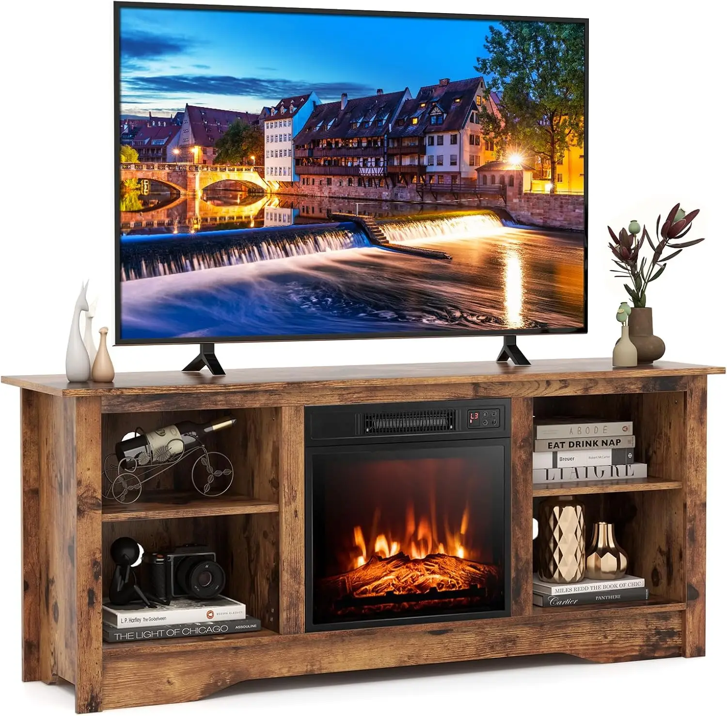 Tangkula TV Stand with 18” Electric Fireplace, for Flat Screen TVs Up to 65” with Adjustable Shelves, Fireplace TV Cabinet with